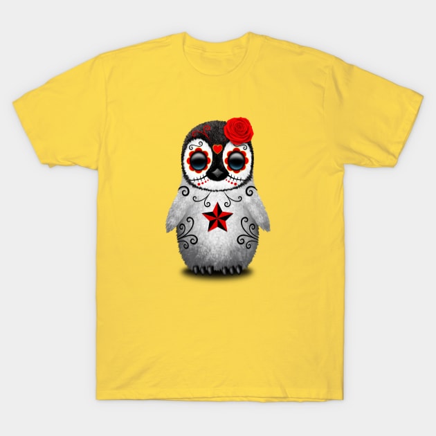 Red Day of the Dead Sugar Skull Penguin T-Shirt by jeffbartels